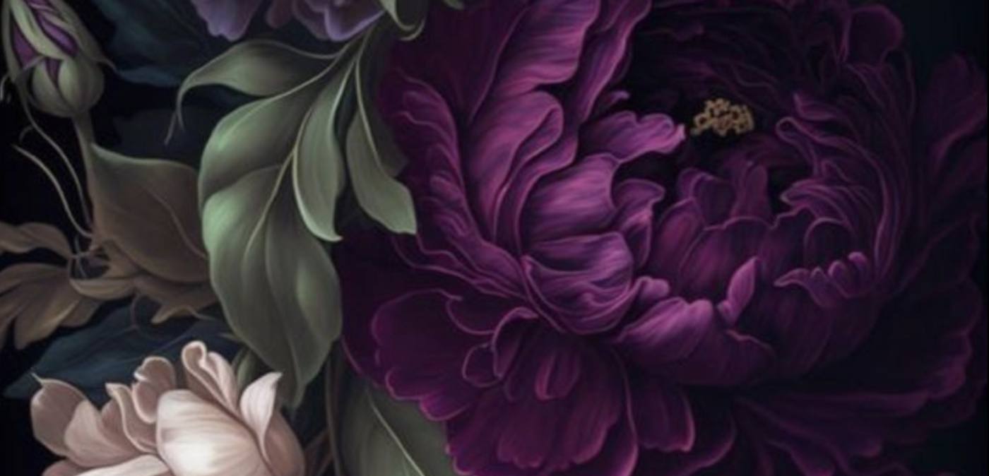 Dark garden flowers arranged as a crown above the invitation